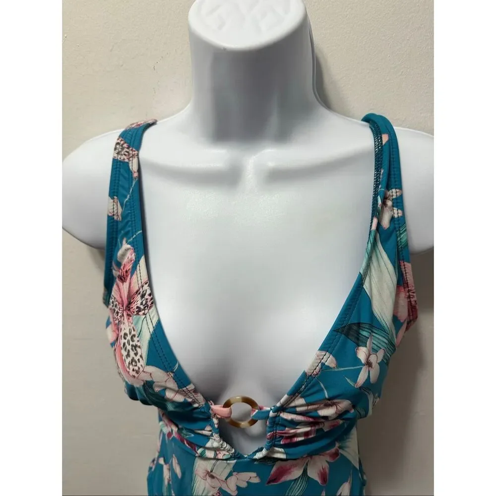 La Blanca One Piece Swimsuit Size 6 Pink Blue Keyhole Low Cut High Hip Designer